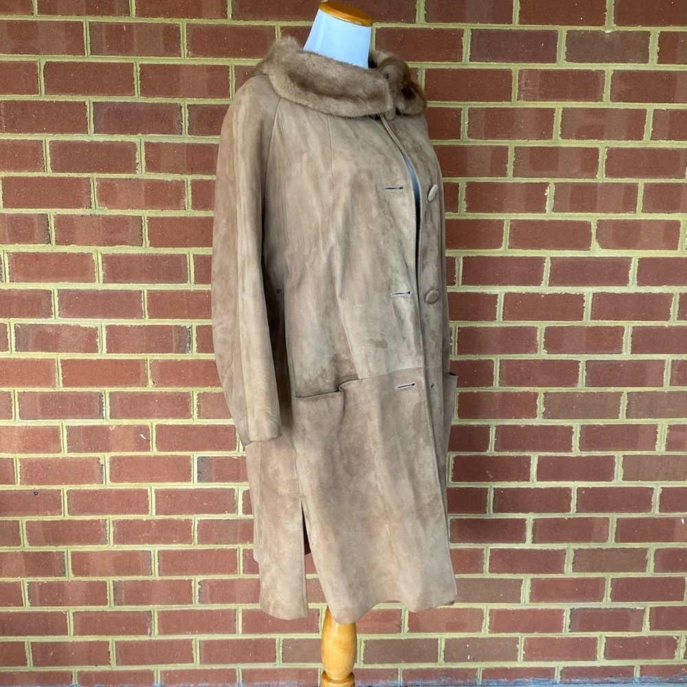 Vintage 60s 70s Genuine Suede Long Coat Fur‎ Collar Women's Retro Old Money